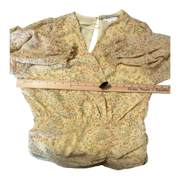Mable Butter Yellow Ditsy Floral Ruched Long Sleeve Ruffle Hem Dress Size Large - Picture 5 of 5
